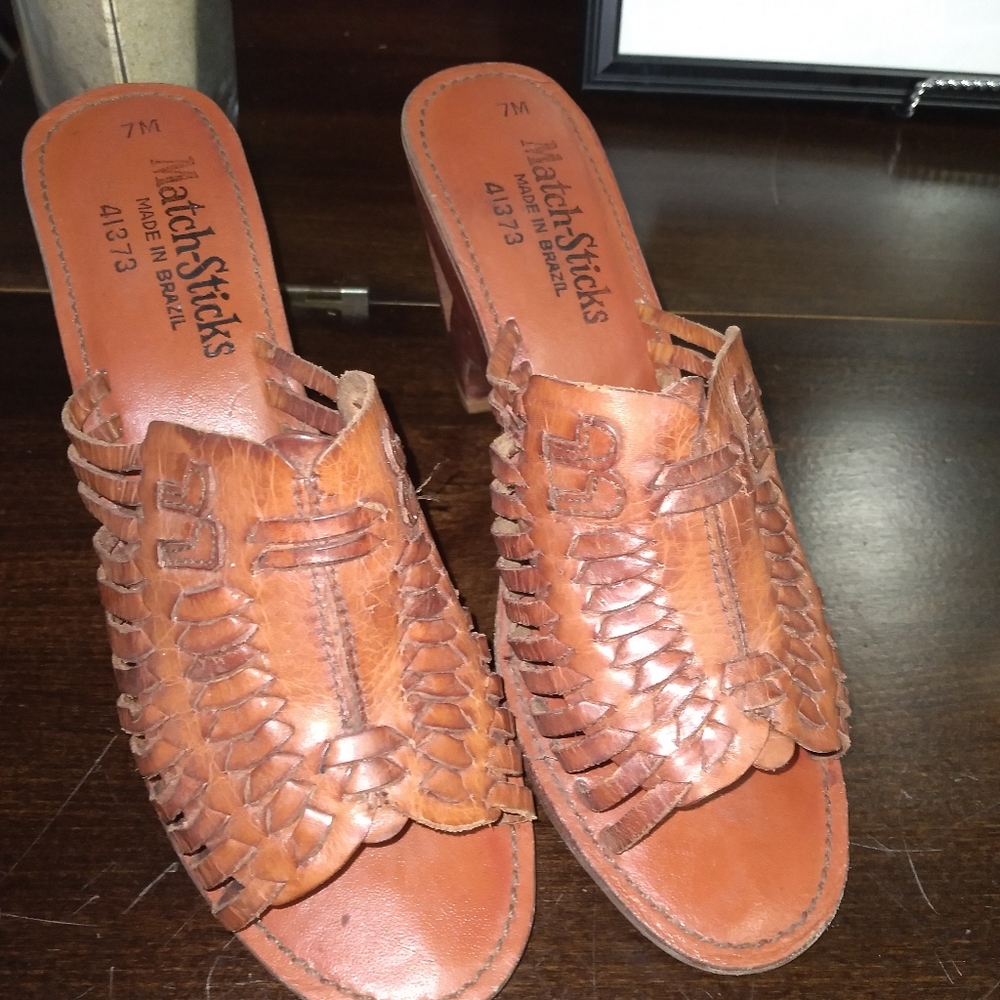 VINTAGE Match-Sticks wooden shoes with woven leather heeled sandals